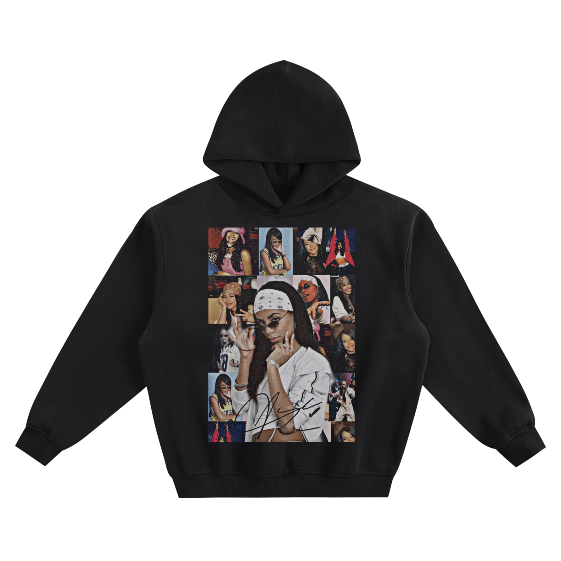 Aaliyah Photo Collage Graphic Hoodie featuring a central Aaliyah portrait surrounded by smaller photos and a signature.