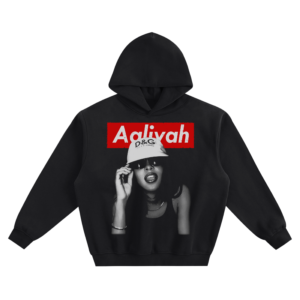 Aaliyah Cap Portrait Graphic Hoodie featuring Aaliyah in sunglasses and a cap, with her name above the portrait.