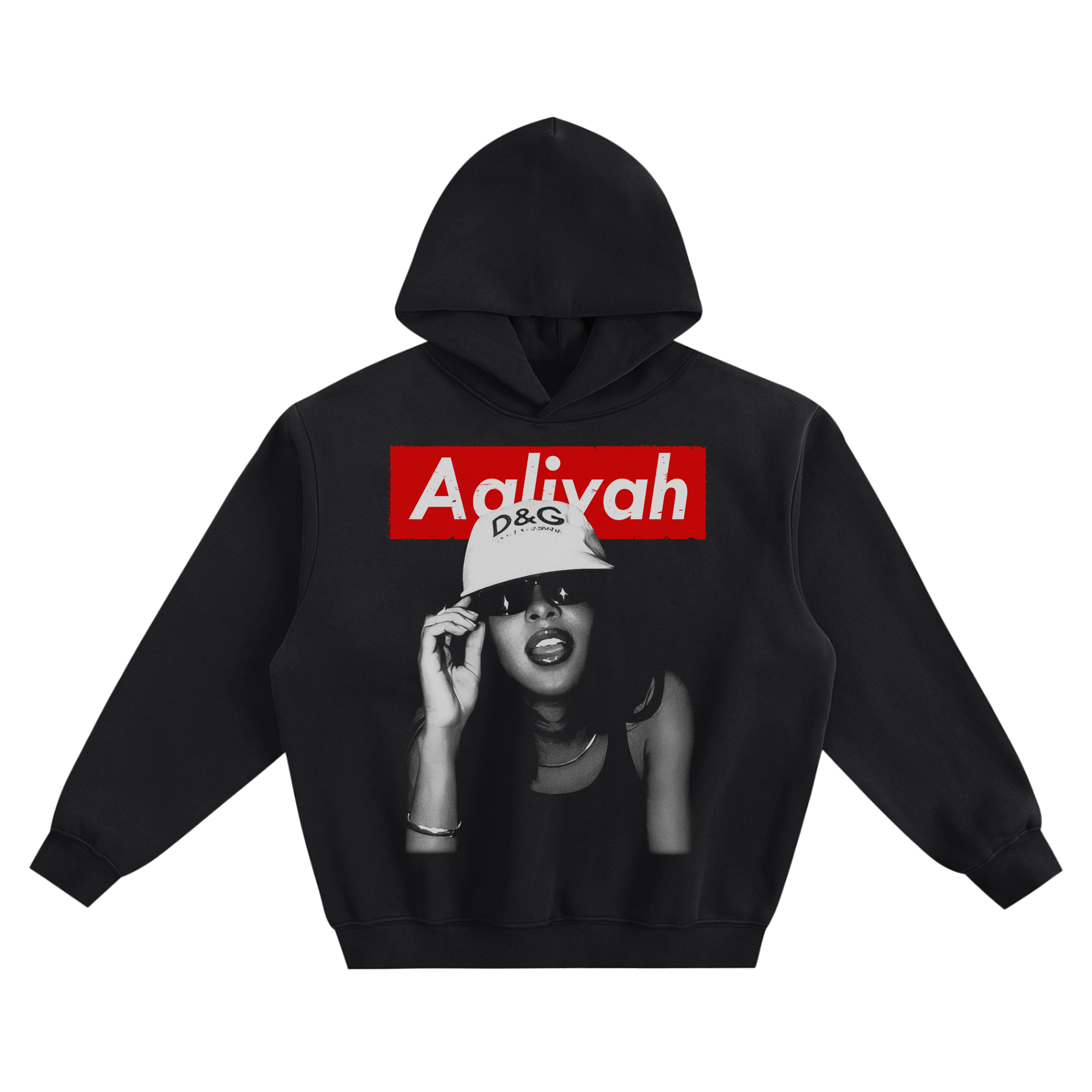 Aaliyah Cap Portrait Graphic Hoodie featuring Aaliyah in sunglasses and a cap, with her name above the portrait.