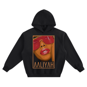 Aaliyah Illustrated Portrait Graphic Hoodie featuring a close-up portrait with her name beneath the artwork.