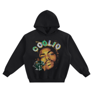 Coolio Big Face Graphic Hoodie with a large portrait, collage-style lettering, and a small microphone performance inset