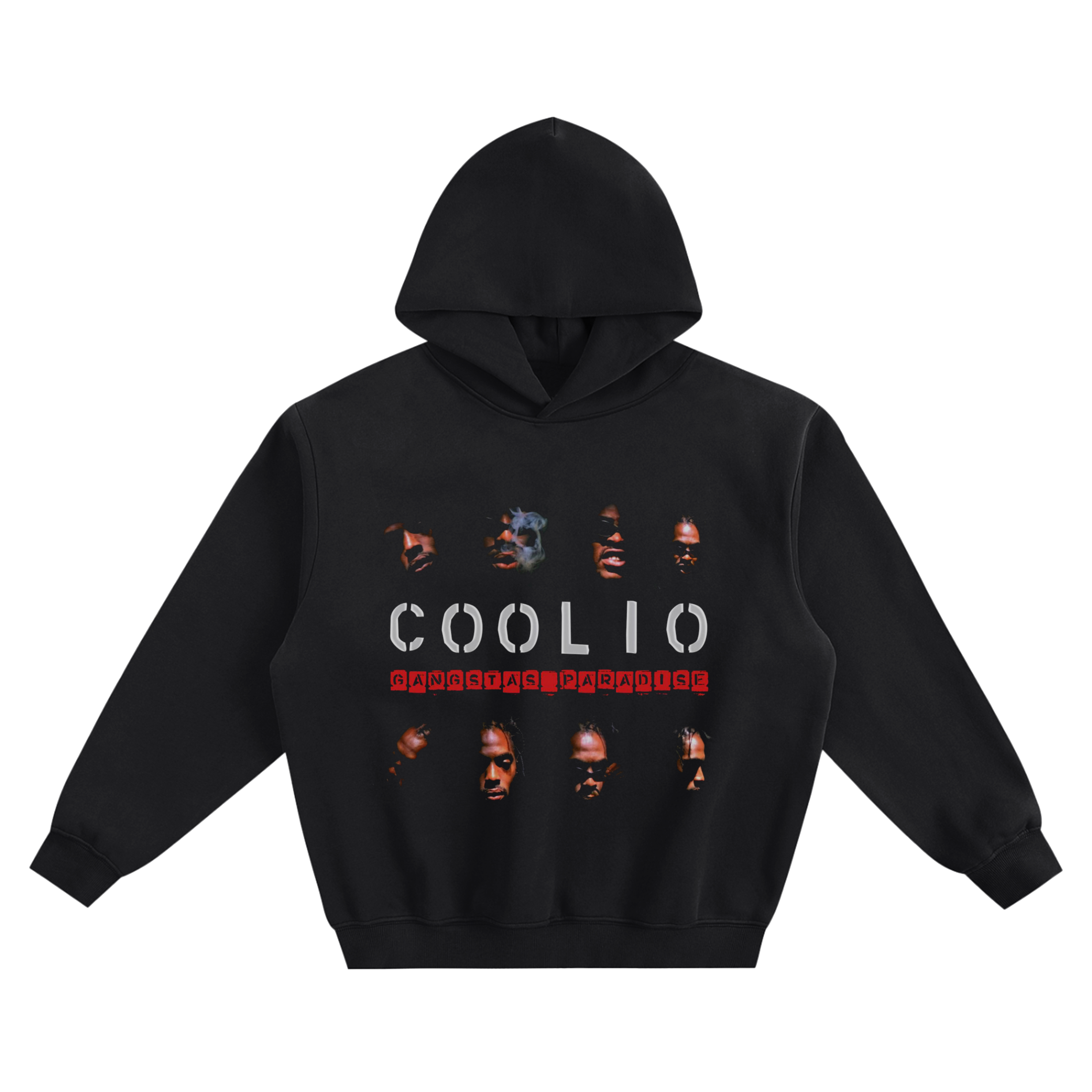 Coolio Gangsta’s Paradise Portrait Collage Hoodie featuring multiple face portraits and the song title