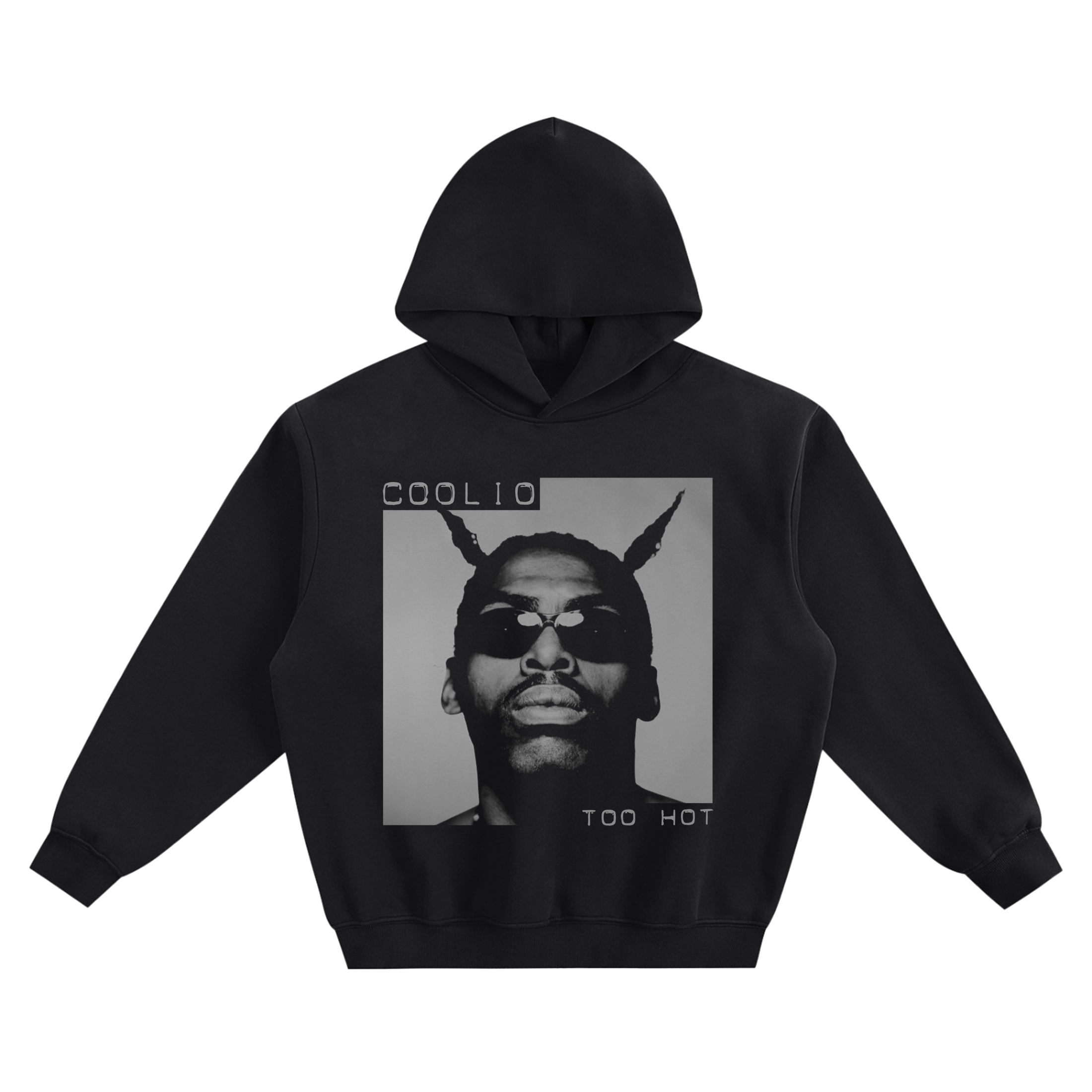 Coolio Too Hot Big Face Graphic Hoodie featuring a close-up portrait in sunglasses with “Too Hot” lettering