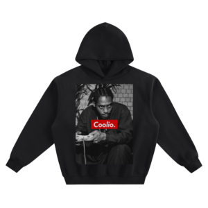 Coolio Black and White Portrait Graphic Hoodie featuring a seated photo and red Coolio name graphic