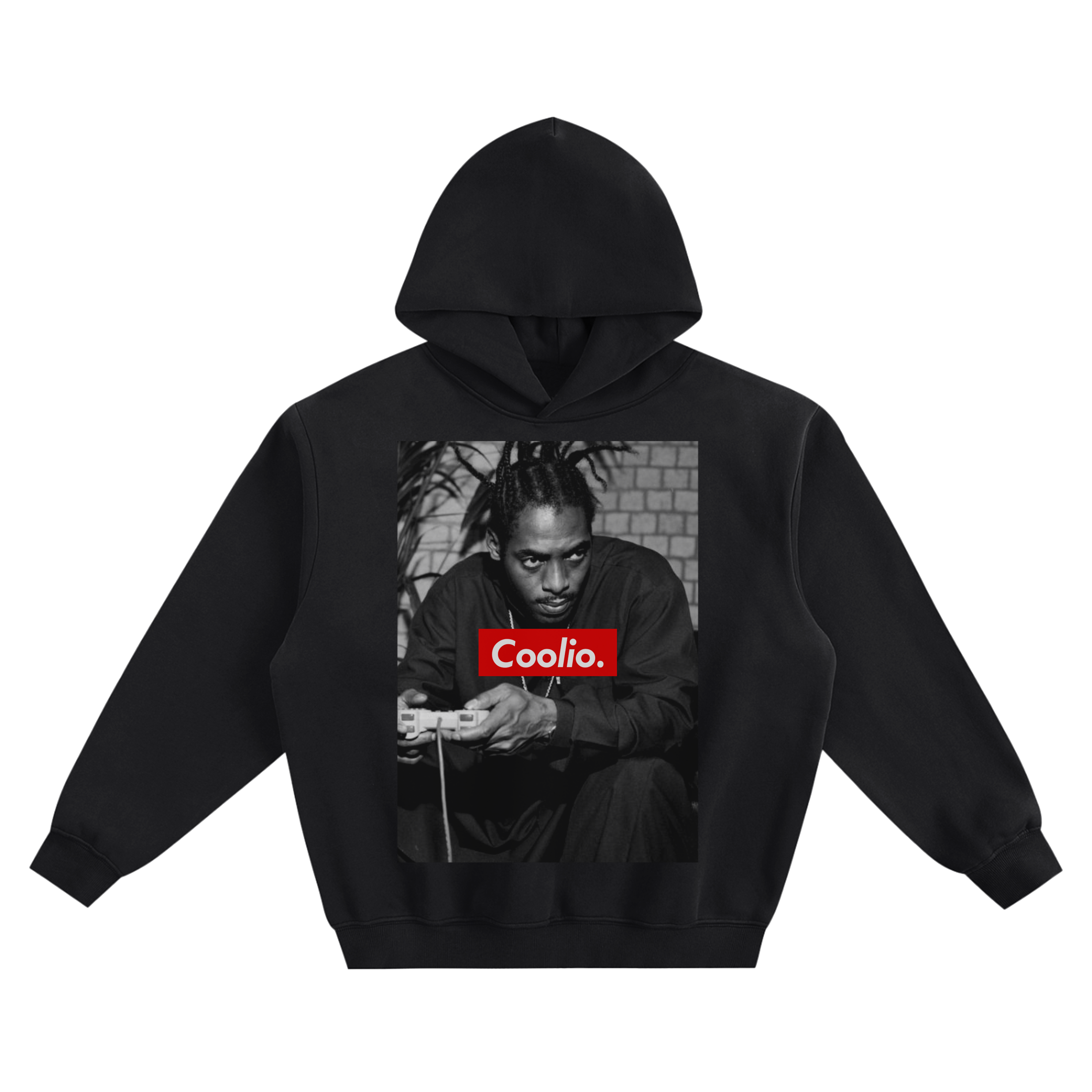 Coolio Black and White Portrait Graphic Hoodie featuring a seated photo and red Coolio name graphic