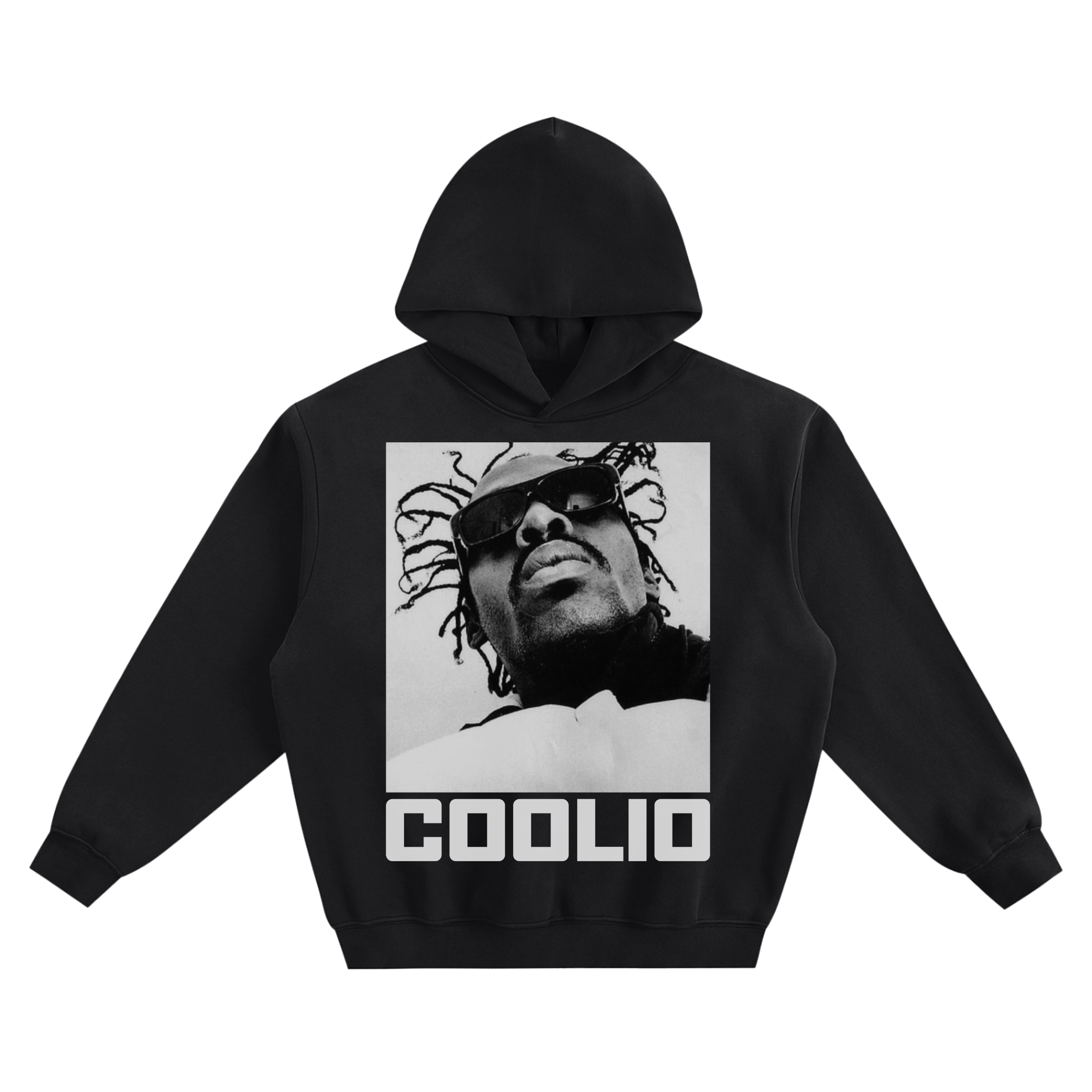Coolio Sunglasses Big Face Graphic Hoodie featuring a low-angle close-up portrait and bold name lettering