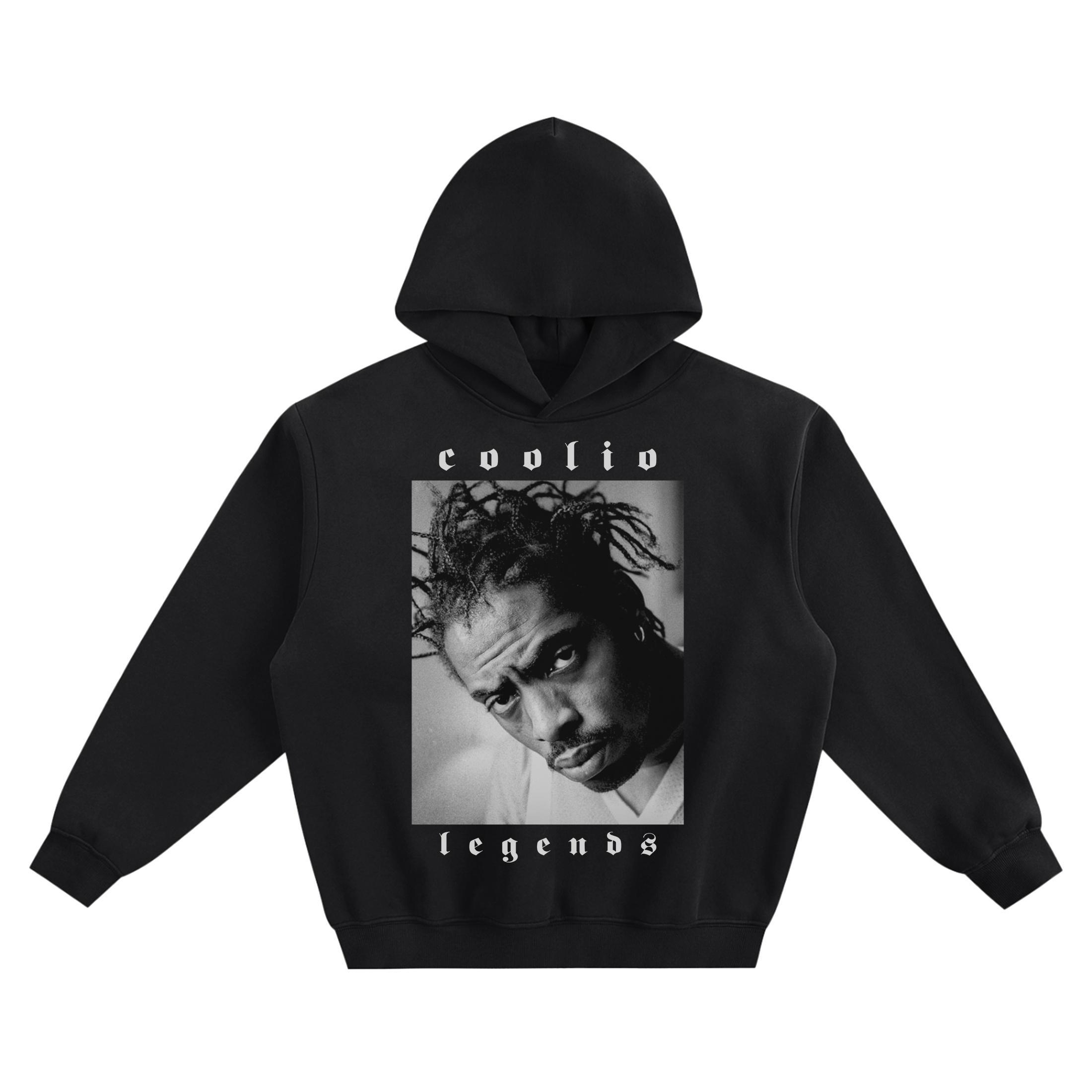 Coolio Big Face Graphic Hoodie featuring a close-up portrait framed by “Coolio” and “Legends” lettering.