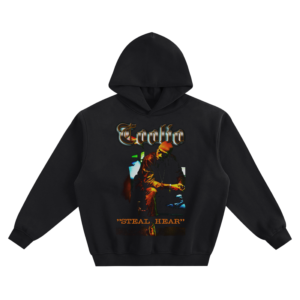 Coolio Seated Portrait Graphic Hoodie featuring a seated Coolio portrait, Gothic-style name lettering, and statement text.