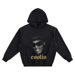 Coolio Sunglasses Big Face Graphic Hoodie featuring a smiling portrait with sunglasses, a patterned headwrap, and Coolio lettering.