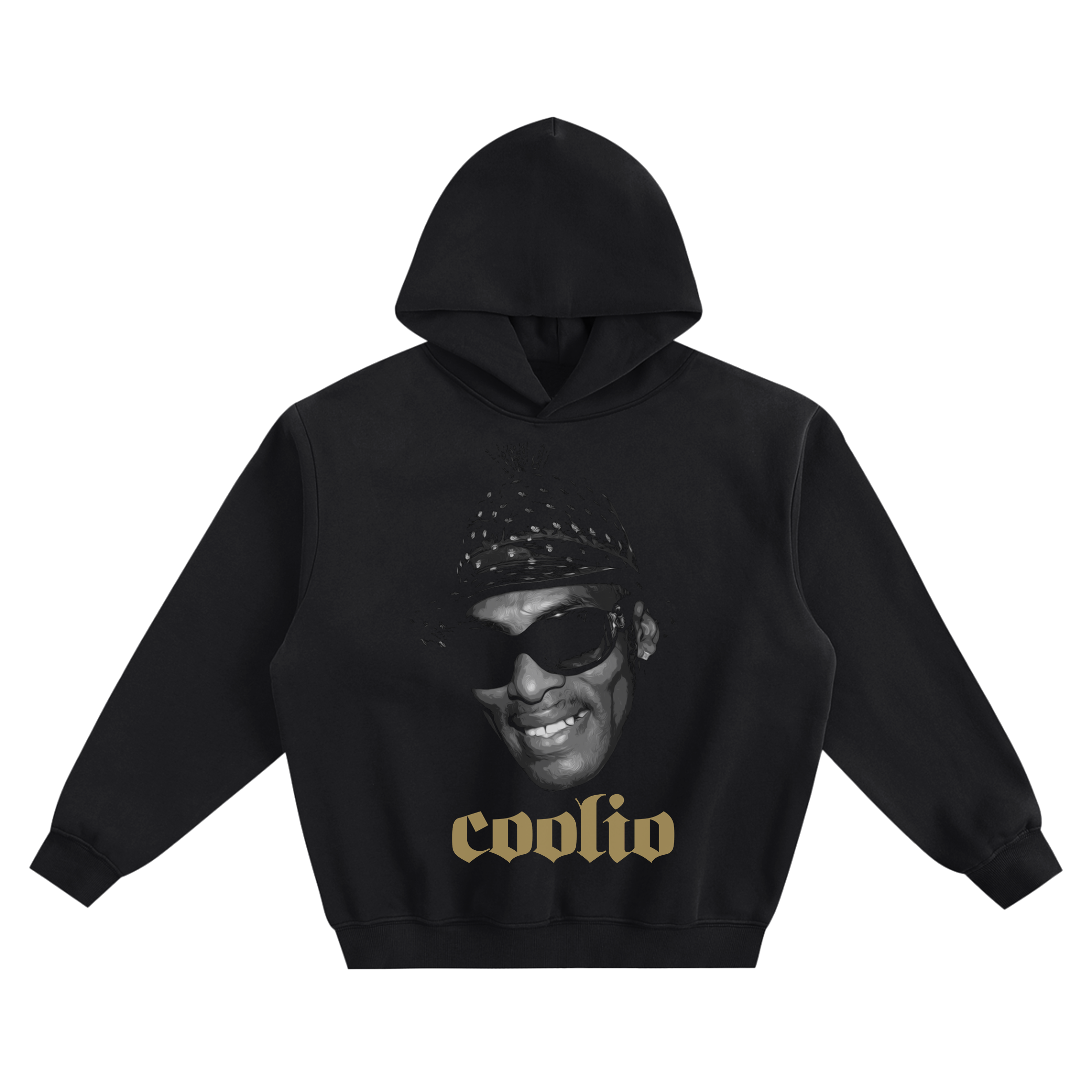 Coolio Sunglasses Big Face Graphic Hoodie featuring a smiling portrait with sunglasses, a patterned headwrap, and Coolio lettering.