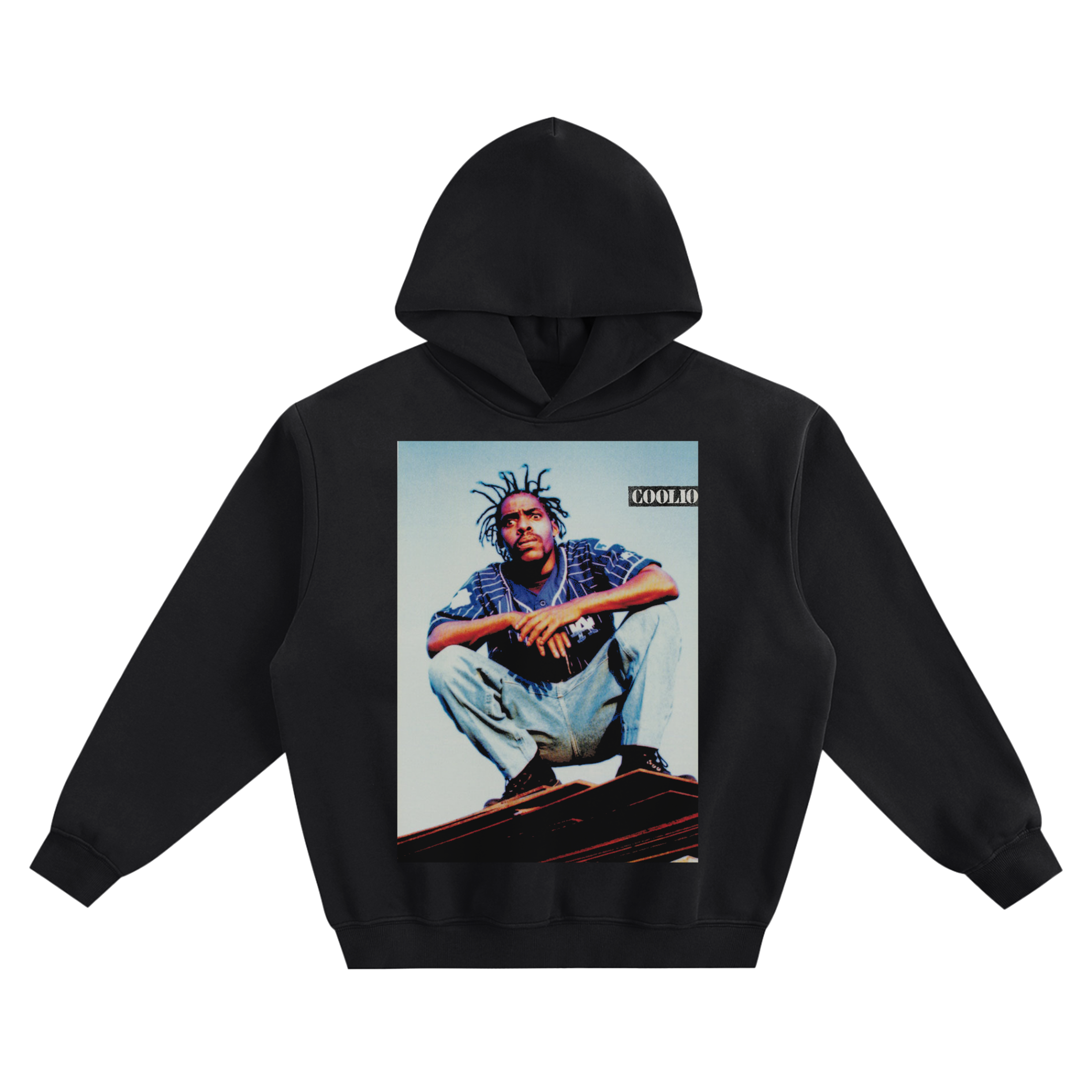 Coolio Seated Portrait Graphic Hoodie with a seated photo portrait and Coolio name graphic