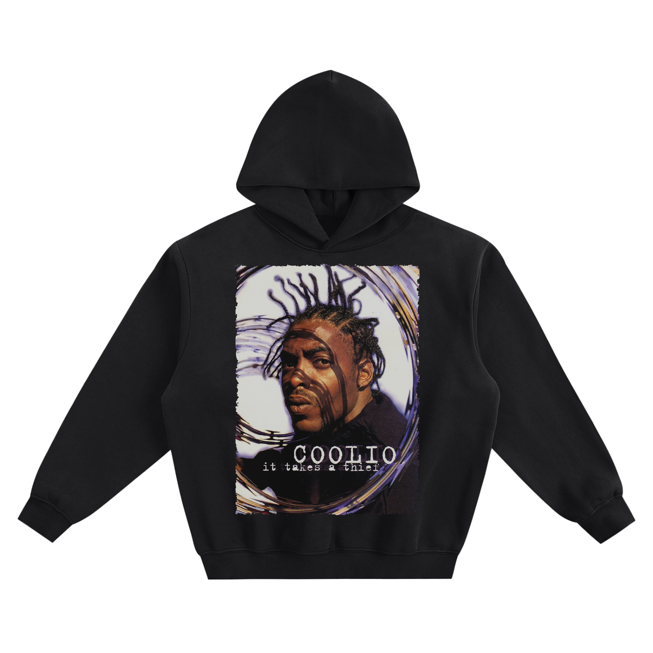 Coolio It Takes a Thief Graphic Hoodie featuring a close-up portrait and album title text