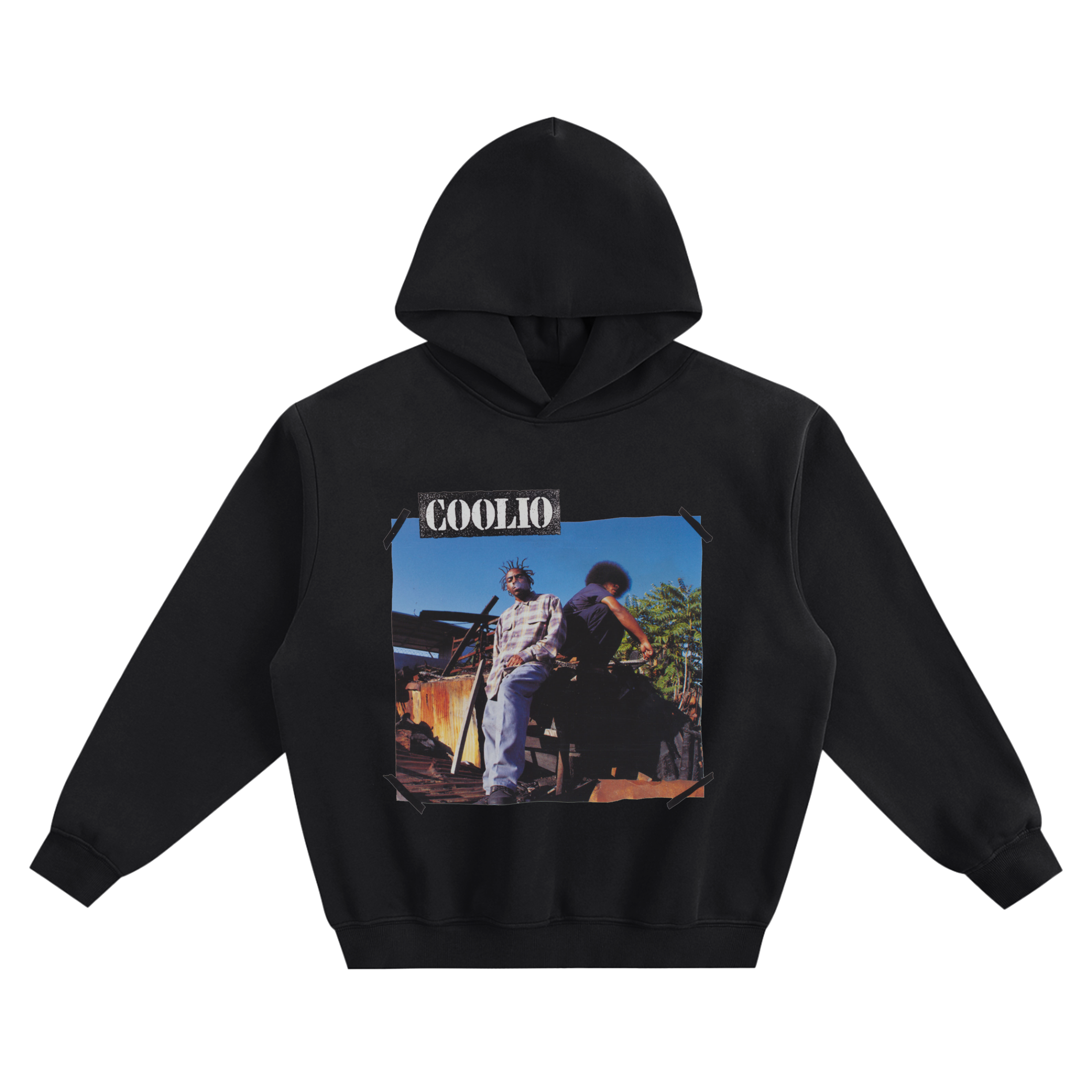 Coolio Gangsta’s Paradise Graphic Hoodie featuring an outdoor photo portrait of Coolio with another figure