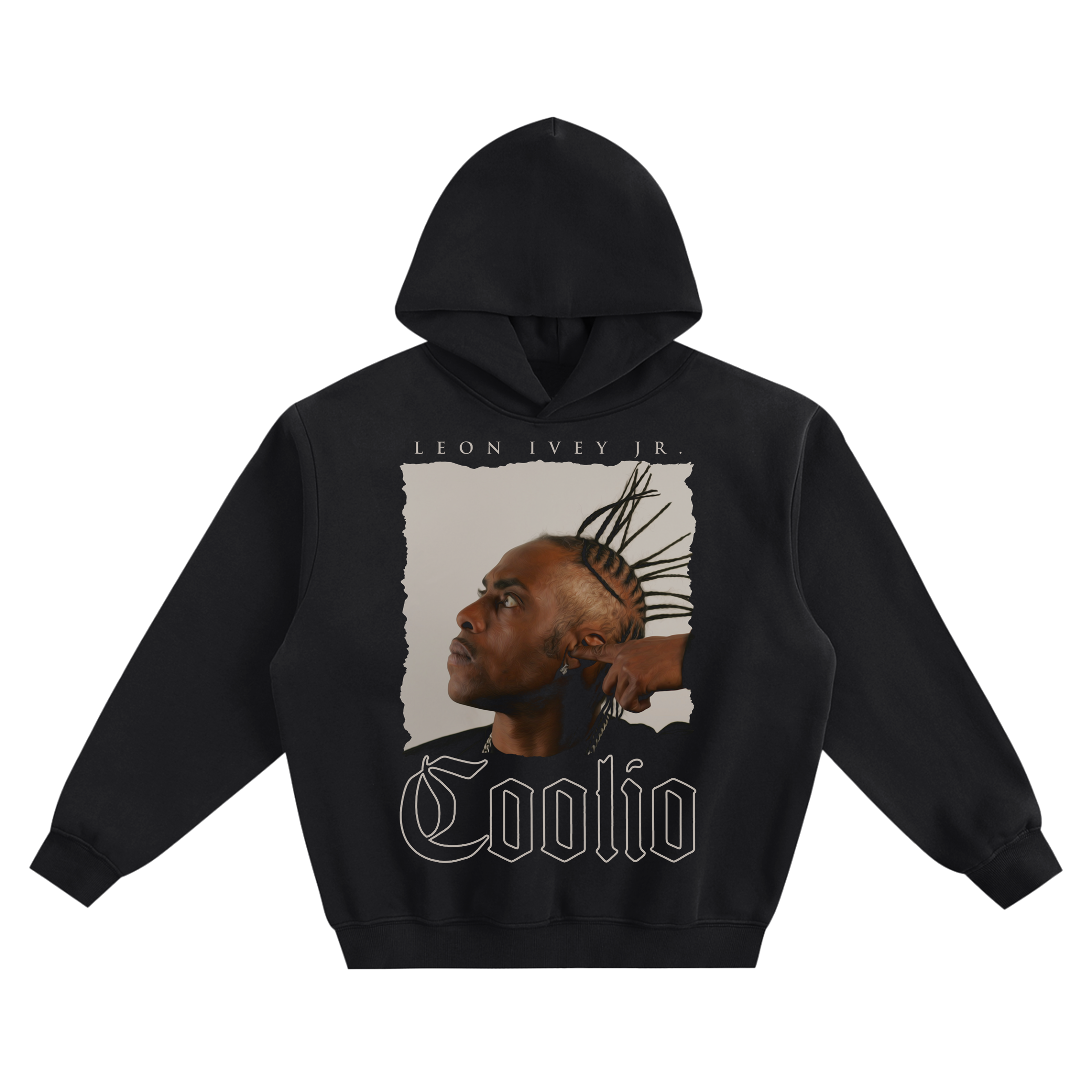 Coolio Leon Ivey Jr. Graphic Hoodie featuring a side-profile portrait and gothic-style Coolio lettering