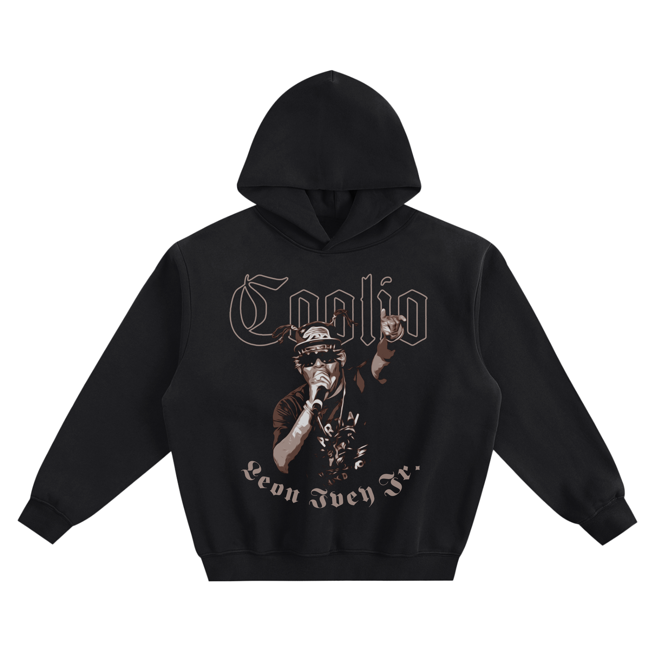 Coolio Leon Ivey Jr. Performance Graphic Hoodie featuring a microphone portrait and gothic-style lettering