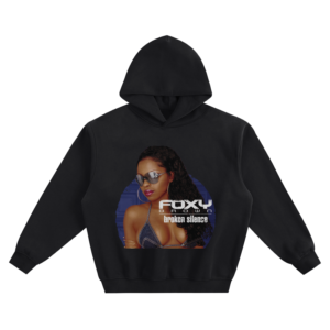 Foxy Brown Broken Silence Graphic Hoodie featuring a portrait of Foxy Brown wearing sunglasses beside “Broken Silence” lettering.