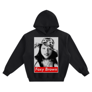 Foxy Brown Bucket Hat Graphic Hoodie featuring a portrait with a bucket hat and a “Foxy Brown” name bar.