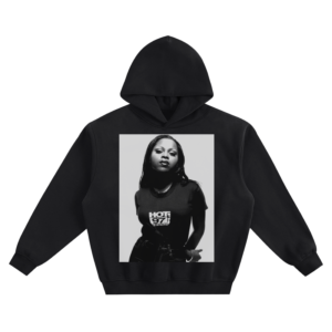Foxy Brown Hot 97 Graphic Hoodie featuring a portrait of Foxy Brown wearing a shirt with the Hot 97 logo.