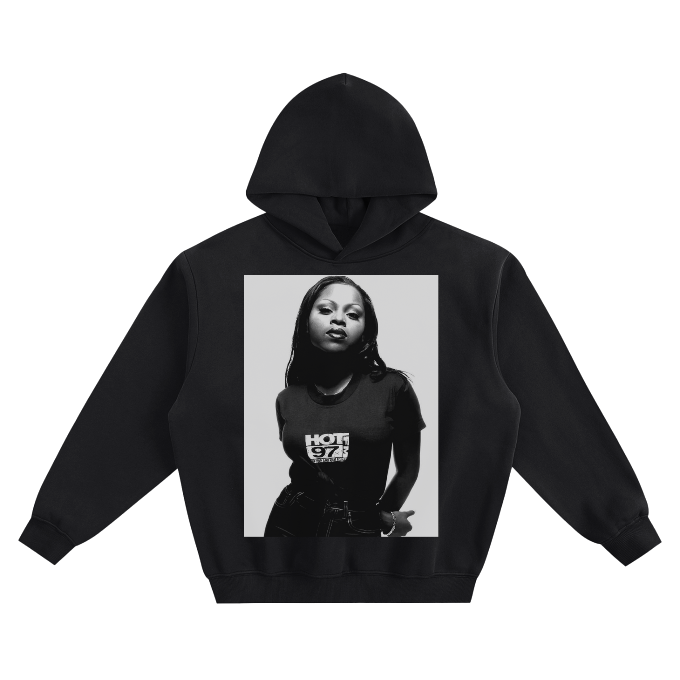 Foxy Brown Hot 97 Graphic Hoodie featuring a portrait of Foxy Brown wearing a shirt with the Hot 97 logo.