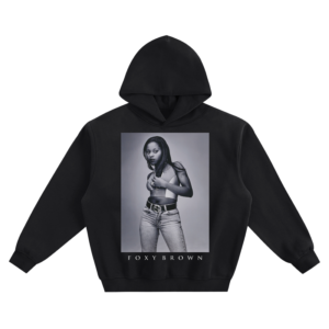 Foxy Brown Studio Portrait Graphic Hoodie featuring a framed portrait with her name printed below.