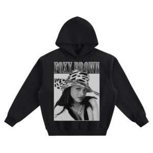 Foxy Brown Graphic Hoodie featuring a framed portrait of Foxy Brown wearing a bucket hat.