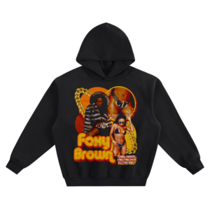 Foxy Brown Graphic Hoodie featuring a collage of multiple portraits and “Foxy Brown” lettering.