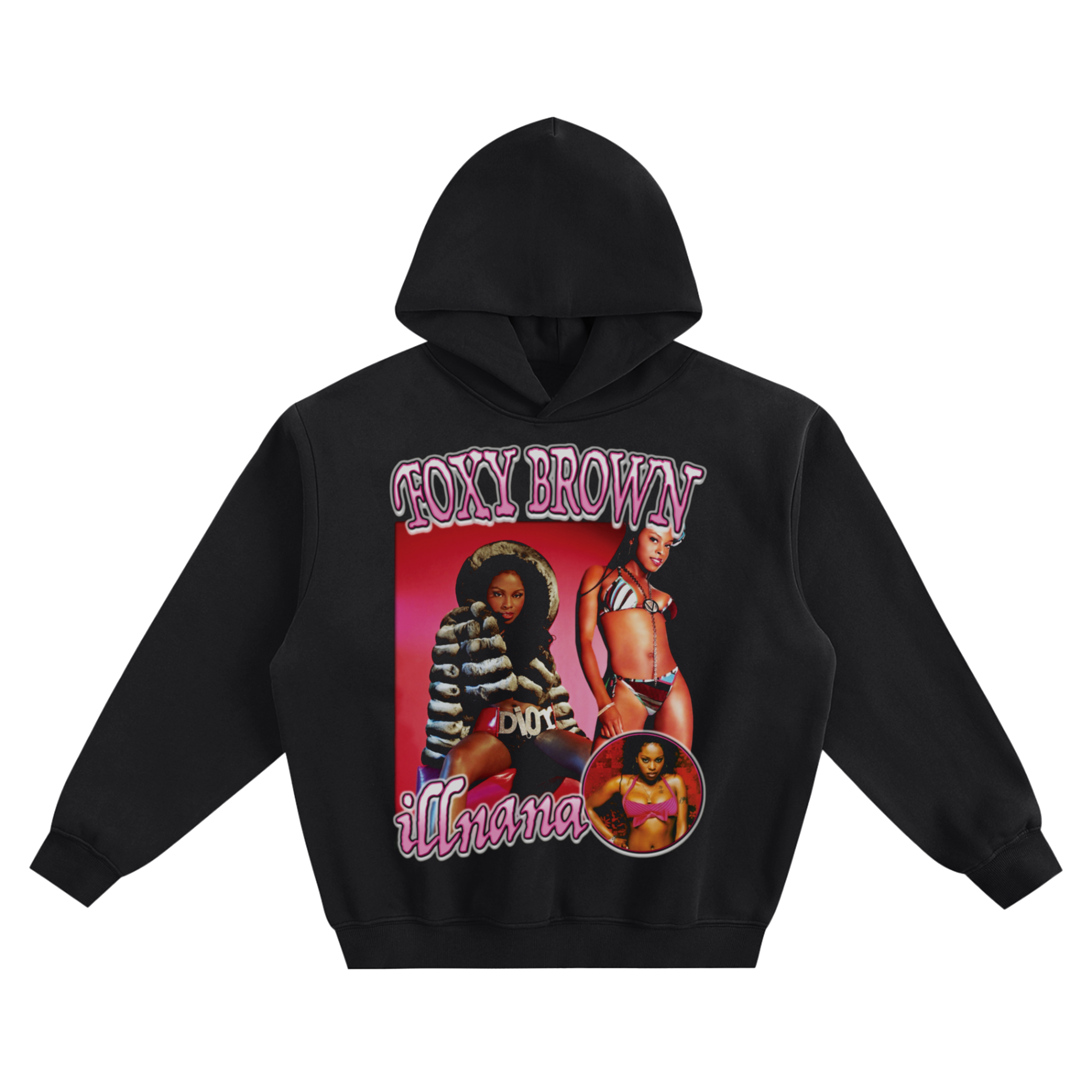 Foxy Brown Graphic Hoodie featuring a multi-image portrait collage with “Foxy Brown” and “Ill Na Na” lettering.