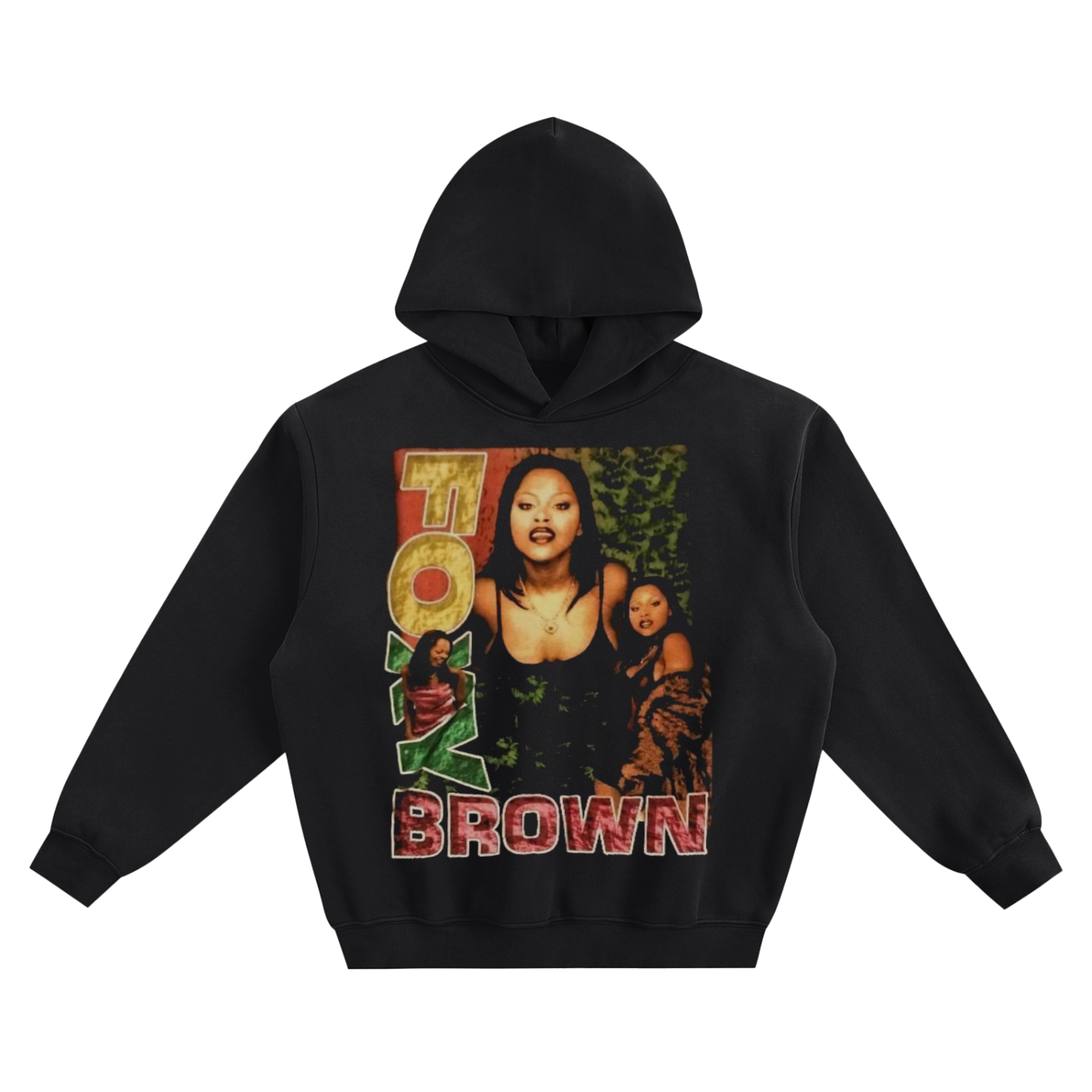 Foxy Brown Graphic Hoodie featuring two portraits with “Foxy” printed vertically and “Brown” beneath the images.