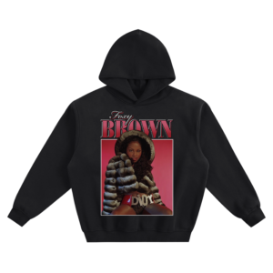 Foxy Brown Graphic Hoodie featuring a framed portrait of Foxy Brown in a fur hood, with her name above the image.