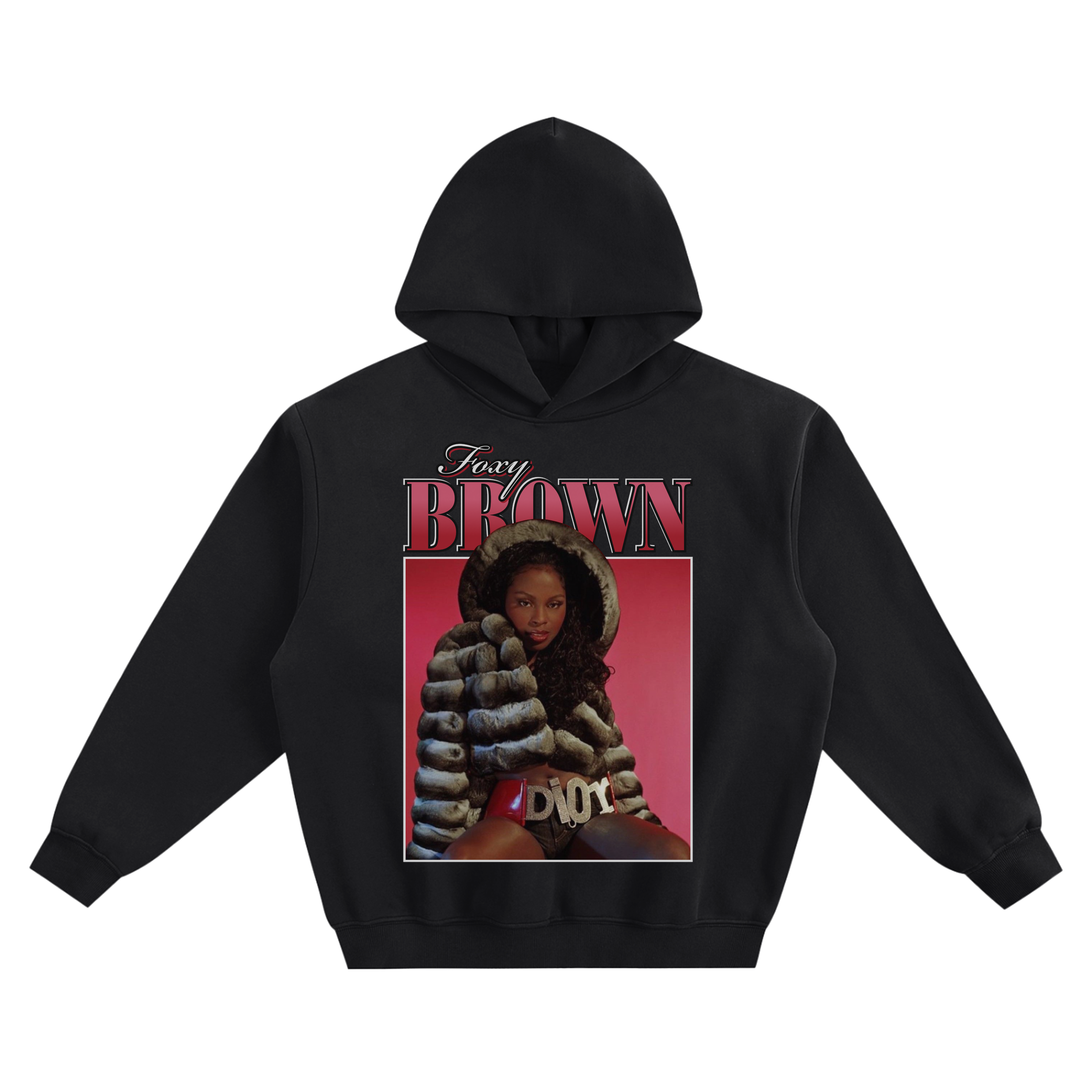 Foxy Brown Graphic Hoodie featuring a framed portrait of Foxy Brown in a fur hood, with her name above the image.