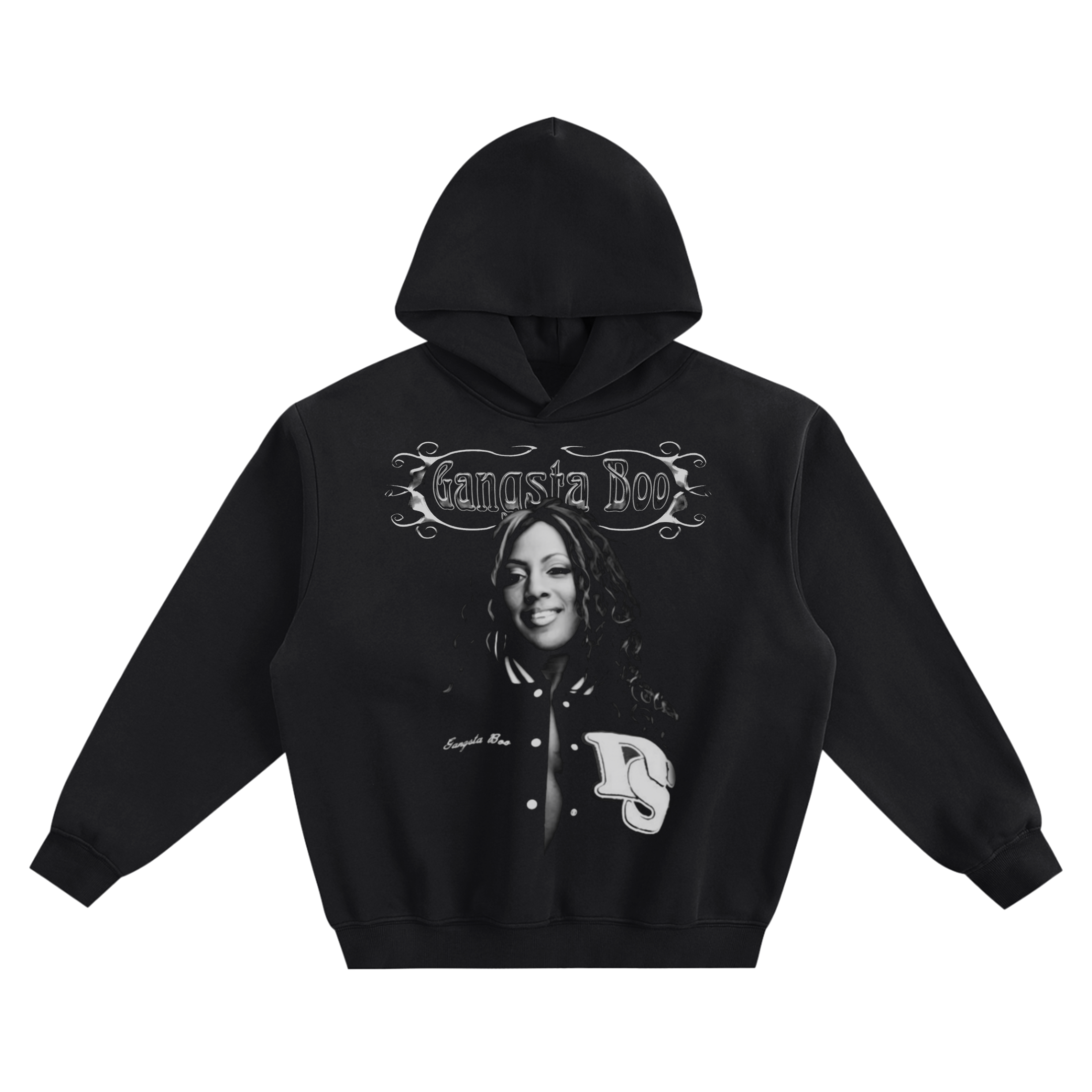 Gangsta Boo Varsity Portrait Graphic Hoodie with a letterman jacket and signature details