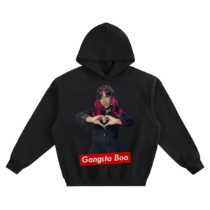 Gangsta Boo Heart Hands Graphic Hoodie with a centered portrait and name bar